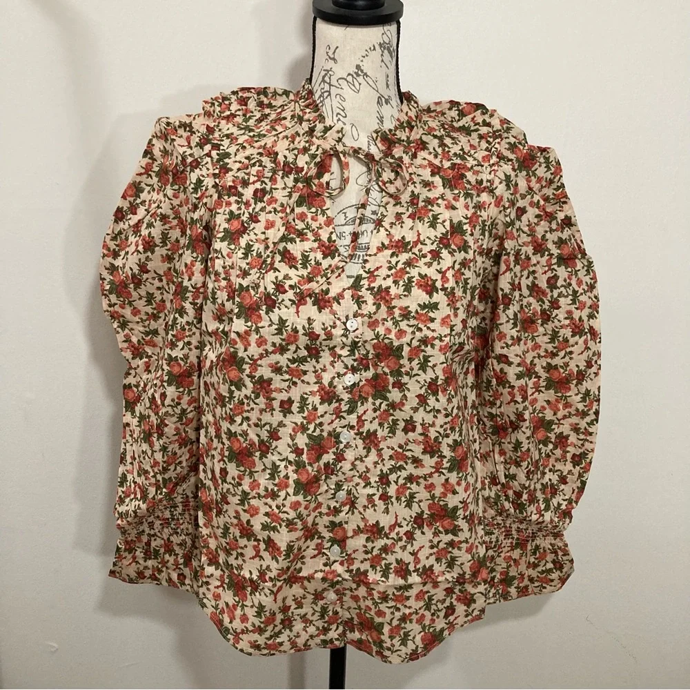 Free People Meant To Be Floral Roses Cotton Poet Blouse Statement Sleeves